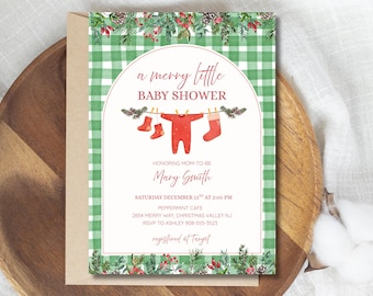May include: A festive baby shower invitation with a green and white gingham pattern. The card features the text "a merry little BABY SHOWER" and a watercolour illustration of baby clothes. The invitation is for Mary Smith and is Christmas themed.