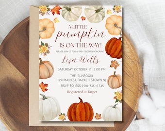 Little Pumpkin Baby Shower Invitation, A Little Pumpkin Is On The Way Invite, Editable Canva Template