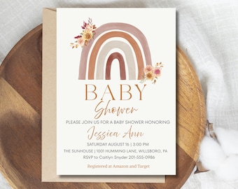 Boho Rainbow Baby Shower Invitation, Neutral Rainbow Invite, Editable Canva Template