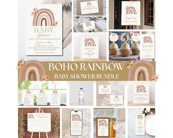Boho Rainbow Baby Shower Bundle, Editable Canva Templates