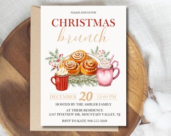 Christmas Brunch Invitation, Editable Breakfast Invite, Canva Template, Digital Download