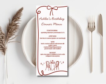 Hand Drawn Red Bow Menu Template, Editable Canva Template, Dinner Party Menu
