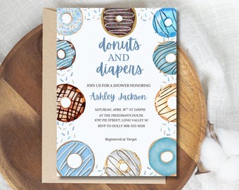 May include: A baby shower invitation with a watercolor donut theme. The invitation features the text "donuts and diapers" and details for the event, including the name Ashley Jackson, date, time, and location. The invitation is surrounded by donut illustrations.