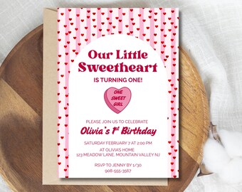 Our Little Sweetheart Is Turning One Invitation, 1st Birthday Valentines Invite, Canva Template Printable, Editable Invite