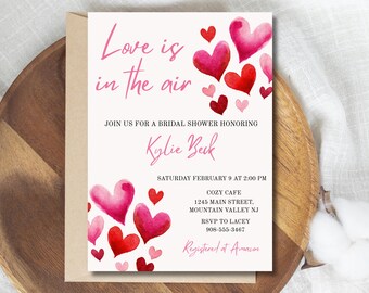 Valentine's Bridal Shower Invitation, Love Is In The Air Invite, Canva Template, Printable Editable Invite