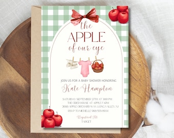 Invitación para baby shower "La Niña de Nuestros Ojos", invitación para baby shower de manzana, plantilla editable de Canva