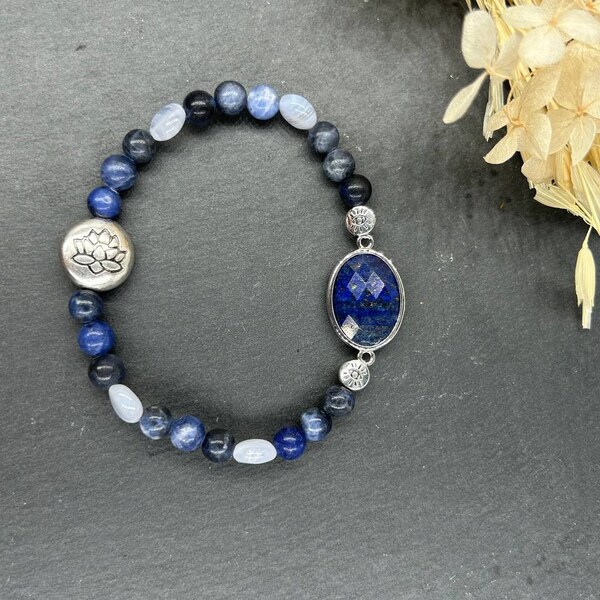 Bracelet pierre en lapis-lazuli, sodalite et calcédoine bleue