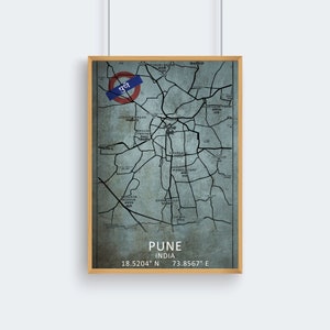 Pune Map Print | Pune Map | India Map Art | Pune City Road Map Poster | Vintage Map | Wall Décor