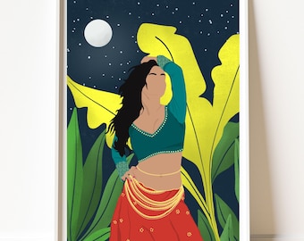 May include: A woman with long black hair wearing a teal crop top and a red skirt with gold embellishments. She is standing in front of a dark blue background with yellow and green leaves and a white moon.