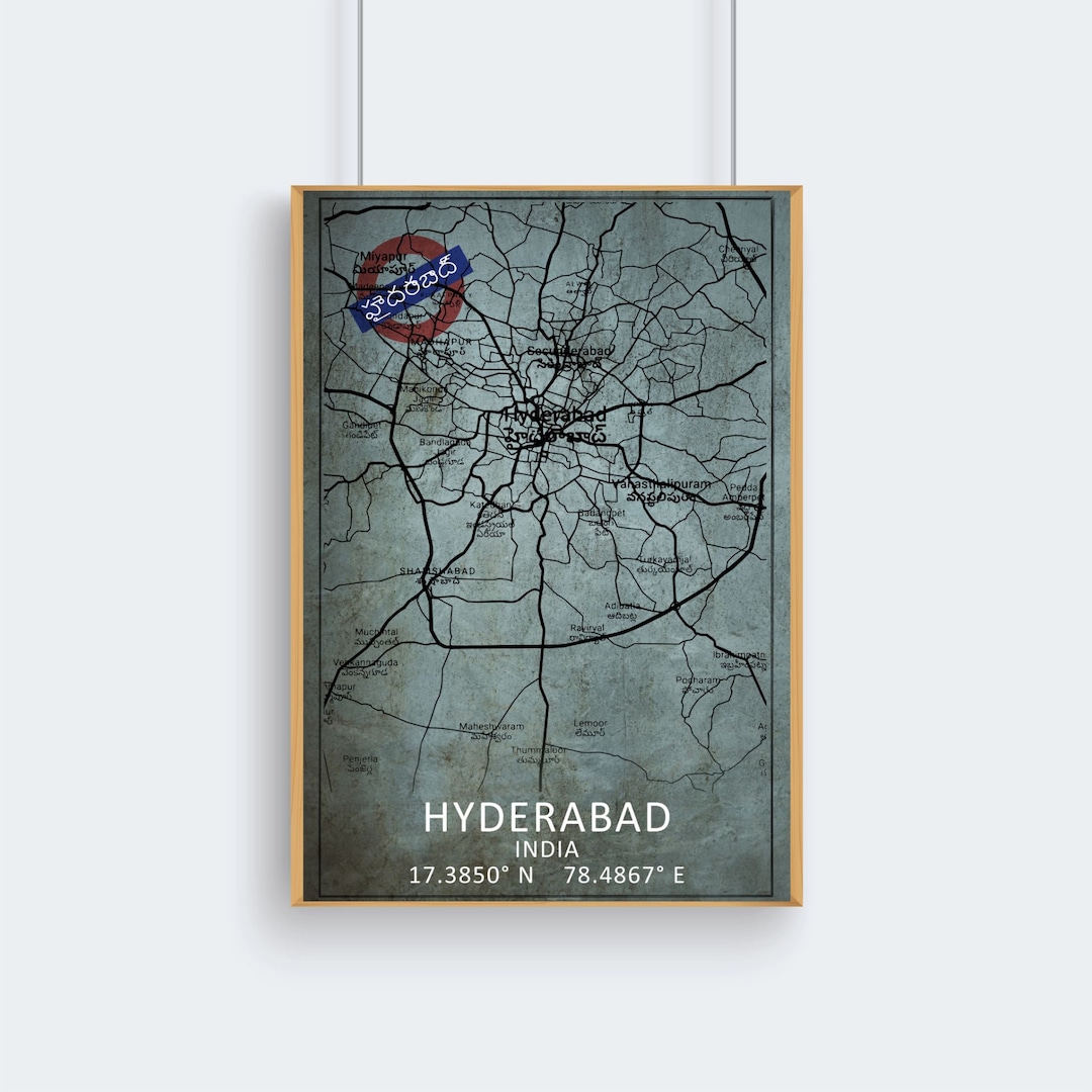 Hyderabad Map Print Hyderabad Map India Map Art Hyderabad City Road Map Poster Vintage Map Wall