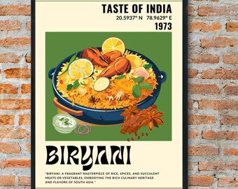 Impresión de Biryani / Póster de India / Arte Desi / Decoración de cocina / Arte gastronómico / Arte moderno de mediados de siglo / Letrero de comida / Arte pop / Inauguración de casa / Digital / Cafetería