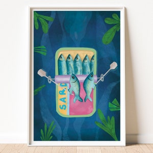 Sardina, acquerello, arte murale, oceano, nautico, vita marina, marino, pesce, decorazione costiera, dipinto, stampa artistica, fatto a mano, acqua blu
