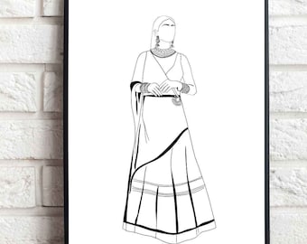 Może przedstawiać: Ilustracja liniowa osoby w długiej spódnicy i bluzie z naszyjnikiem i kolczykami. Osoba stoi z dłońmi złożonymi przed sobą.