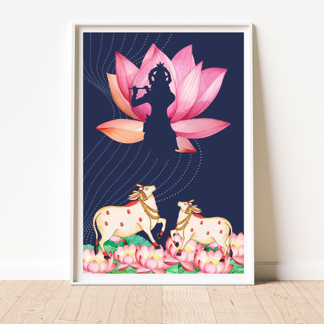 Krishna | Madhubani Wall Art | Pichwai Poster | Lotus | Hindu God Art ...
