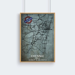 Impression de carte de Chennai | Carte de Chennai | Art de la carte de l'Inde | Affiche de la carte routière de la ville de Chennai | carte vintage | Décoration murale