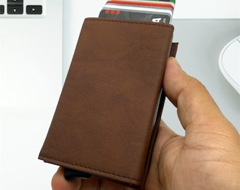 Personalized Leather RFID Pop-up Wallet: Engraved Pop-Up Trifold Card Holder Wallet