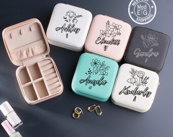 Personalized Birth Flower Vegan Leather Jewelry Travel Case