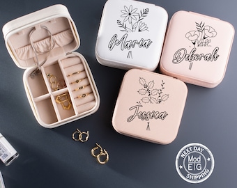 Engraved Birth Flower Vegan Leather Jewelry Travel Case