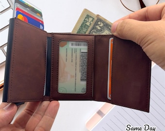 Personalized RFID Blocking Leather Wallet: Pop-Up Card Holder, Custom Engraved