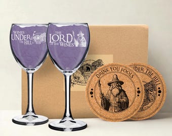 Lot de verres à vin, sous-verre et boîte cadeau LOTR - Pour un ou deux anniversaires