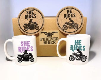 Ensemble tasse et sous-verre motard pour elle et lui : motard éternel - cadeau moto - cadeau d'anniversaire/Saint-Valentin - Noël - anniversaires