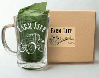 Chope en verre gravée au laser sur la ferme - Cadeau paysan avec boîte-cadeau