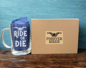 Motorbike Glass Tankard Gift Set: Ride or Die Biker Design - laser engraved - Christmas