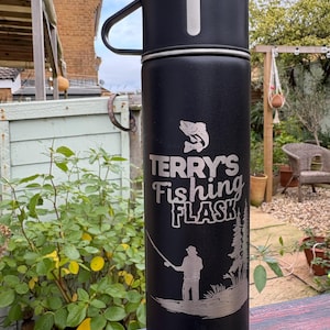 Personalised Fishing Flask and Cup Set, Stainless Steel Father's Day Gift Fisherman Fishing trip boat bottle grandad - 500ml