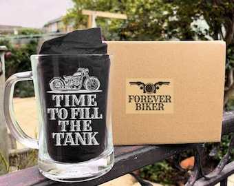 Chope de moto en verre - Verre à bière gravé au laser - Cadeau de motard pour lui, papa, fête des pères, Noël. Chope à bière moto gravée au laser