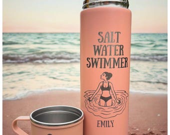 Ensemble personnalisé de flacons et de tasses pour nageurs de mer - Gravure en acier inoxydable - Cadeau pour nager dans la nature