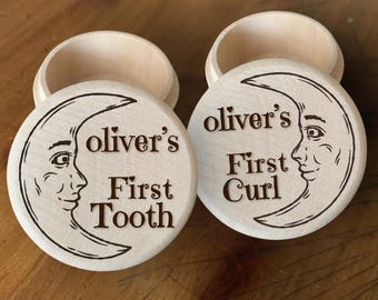 Pots souvenirs personnalisés en bois avec dents de bébé et boucles lunes