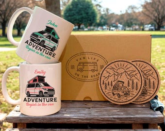 Mug camping-car personnalisé et sous-verre gravé au laser - Cadeau pour elle et lui - mari et femme - Noël, anniversaire