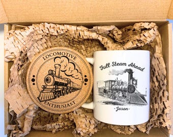 Ensemble de tasses train personnalisées : boîte-cadeau locomotive avec sous-verre en liège