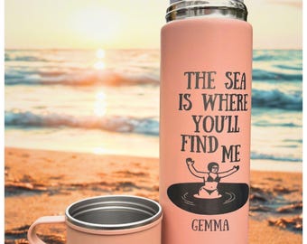 Ensemble personnalisé de flacons et de tasses pour nageurs de mer - Gravure en acier inoxydable - Cadeau de natation sauvage - Cadeau de voyage personnalisé - Anniversaire