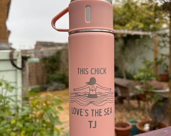 Personalised Sea Swimmer Bottle – Engraved Insulated Stainless Steel Flask – Wild Swimming Gift - Birthday for her