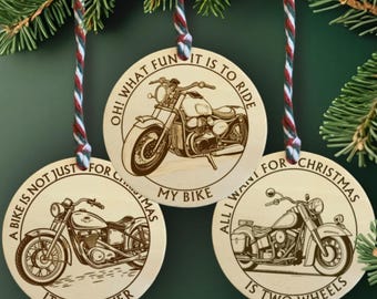 Motorbike Christmas wooden hanging tree decoration discs - set of 3 - FREE DELIVERY