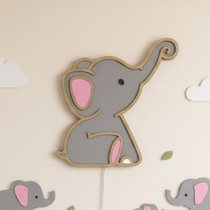 Grey Elephant Night Light for Kids Room with Lullabies & Bedtime Stories | Wooden Nursery Wall Lamp with Dimmer | USB LED Baby Sleep Light