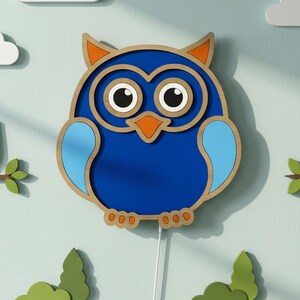 Blue Owl Night Light for Kids Room | Wooden Nursery Wall Lamp with Dimmer | USB LED Baby Sleep Light | Woodland Nursery Decor Handmade Gift