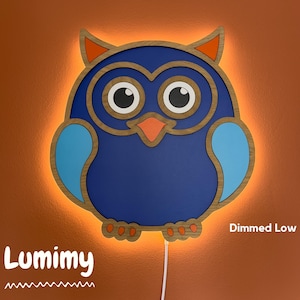 Blue Owl Night Light: Wooden Nursery Wall Lamp, Dimmable LED