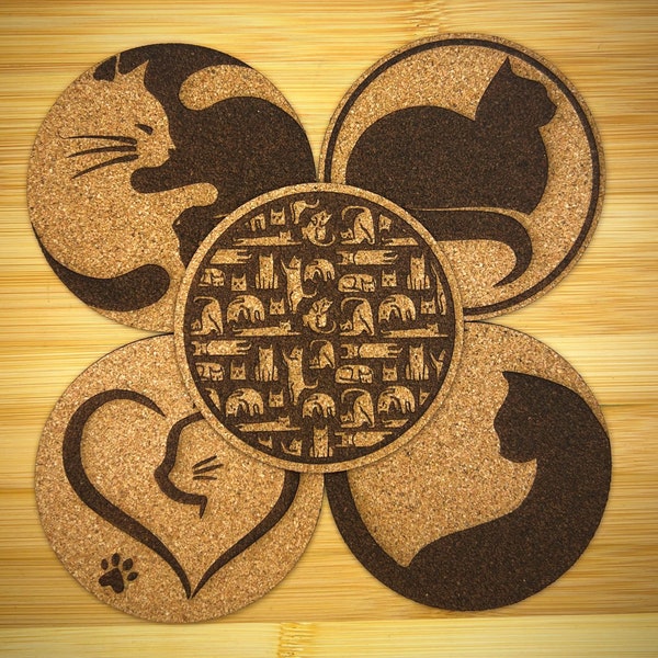 Cork Coasters, Cat Themed, Gift for Cat Owners | Stylish Drink Mats | Cat Lover Home Decor | Pet Owner Housewarming Present