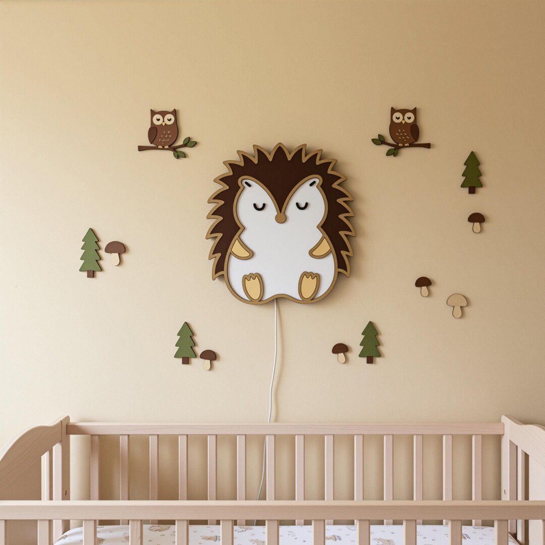 Hedgehog Night Light | Wooden Nursery Wall Lamp, Dimmable LED - Etsy UK