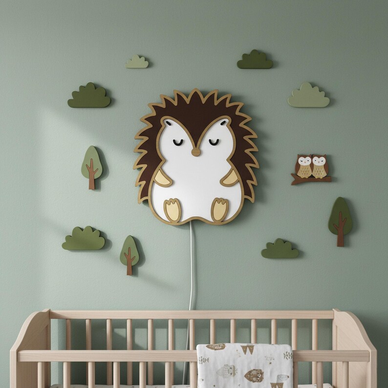 Hedgehog Night Light | Wooden Nursery Wall Lamp, Dimmable LED - Etsy UK