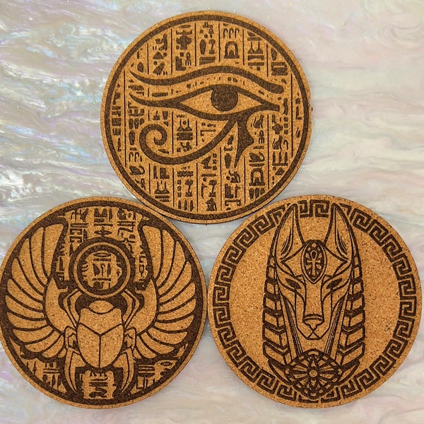 Ancient Egyptian Engraved Cork Coasters - Set of 6 Unique Designs, 90mm | Ancient Egypt decor | Egyptian coasters | Egyptian Hieroglyphics