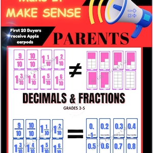 Decimal Fractions Printable Pink & Purple Math Flashcards with Decimal Place Value Chart