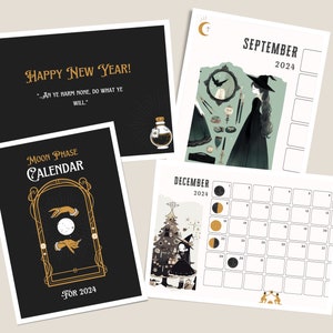 Puede incluir: Un conjunto de cuatro tarjetas imprimibles que incluyen un calendario de fases lunares para 2024, un calendario de diciembre de 2024 con fases lunares, un calendario de septiembre de 2024 con una ilustración de bruja y una tarjeta con el texto "¡Feliz Año Nuevo! An ye harm none, do what ye will."