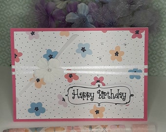 Carte d'anniversaire florale rose, carte d'anniversaire, carte d'anniversaire rose et blanche