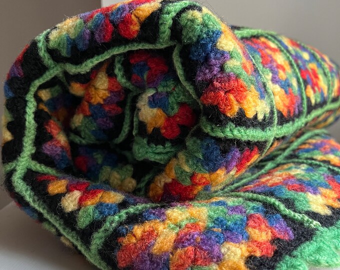 Vintage granny Square Blanket black Squares Green Frilly Etsy