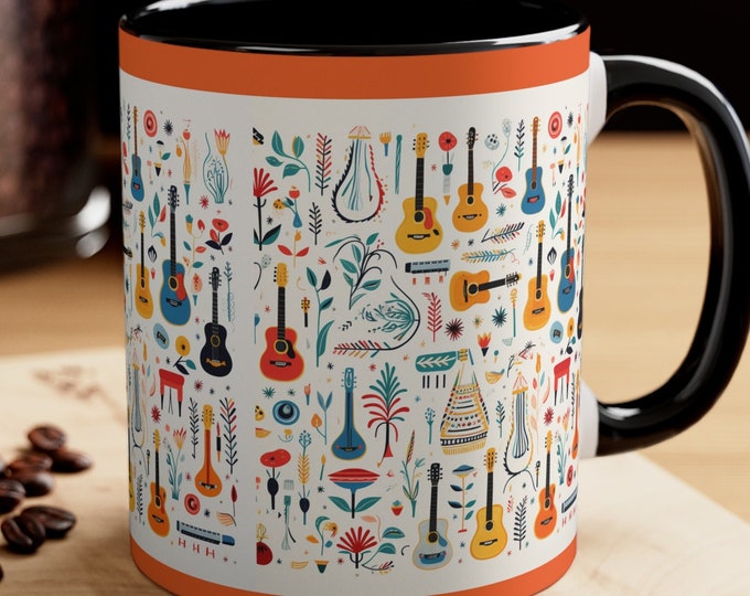 Music Lover Coffee Mug, Guitar Floral Design, Musician Gift