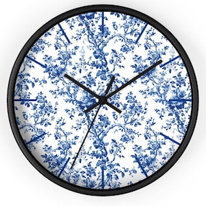 Blue Toile Wall Clock, Chinoiserie French Country Decor, Toile de Jouy Home Accent, Pastoral Wall Art, Blue Floral Clock Kitchen Wall Decor