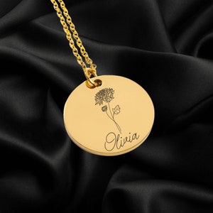 Birth Flower Necklace, Custom Birth Month Flower Necklace, Birth Flower Jewelry, Name and Birth Flower Personalized Necklace, Gift For Mom